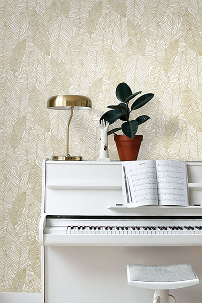 media image for Canales White Gold Inked Leaves Wallpaper from Design Department by Brewster 218