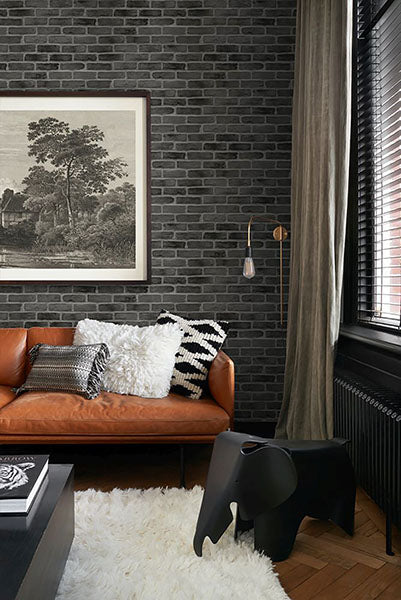 media image for Burnham Black Brick Wall Wallpaper from Design Department by Brewster 247
