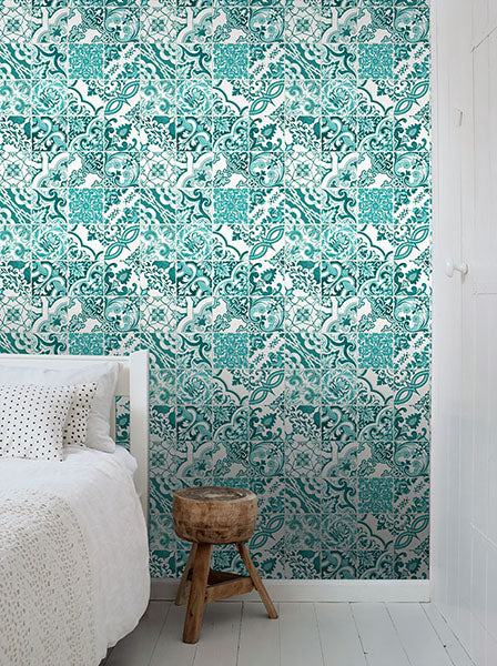 media image for Cohen Turquoise Tile Wallpaper from Design Department by Brewster 277