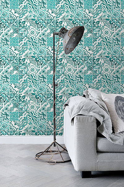 product image for Cohen Turquoise Tile Wallpaper from Design Department by Brewster 58