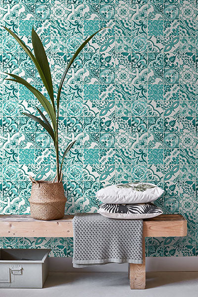 media image for Cohen Turquoise Tile Wallpaper from Design Department by Brewster 278