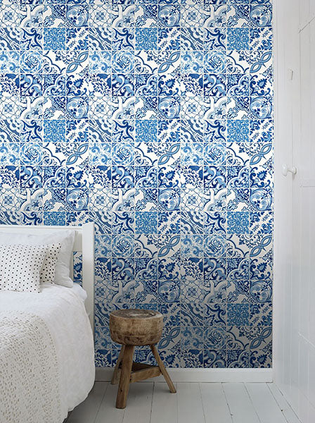 media image for Cohen Blue Tile Wallpaper from Design Department by Brewster 282