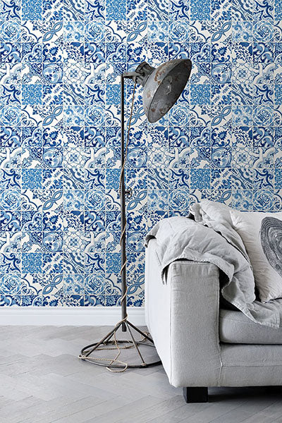 media image for Cohen Blue Tile Wallpaper from Design Department by Brewster 293