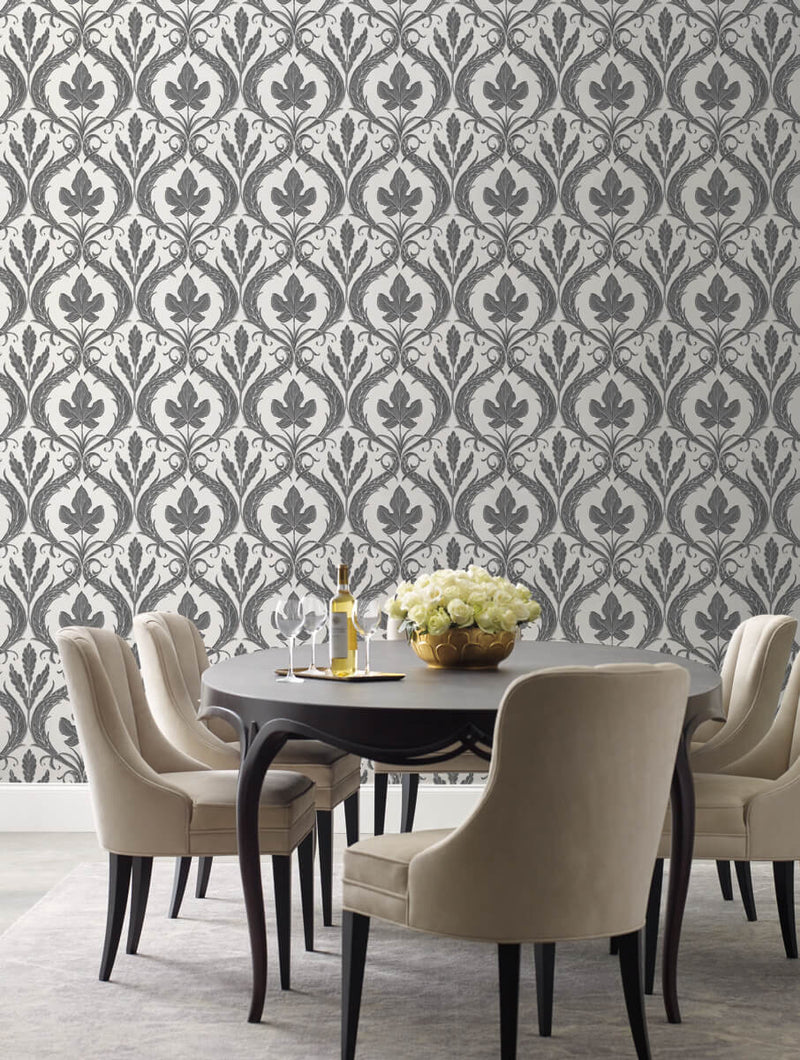 media image for Adirondack Damask Wallpaper in Black/White from Damask Resource Library by York Wallcoverings 298