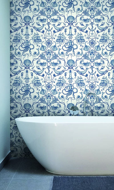product image for Deep Sea Toile Wallpaper in Blue from the Tailored Collection by York Wallcoverings 4