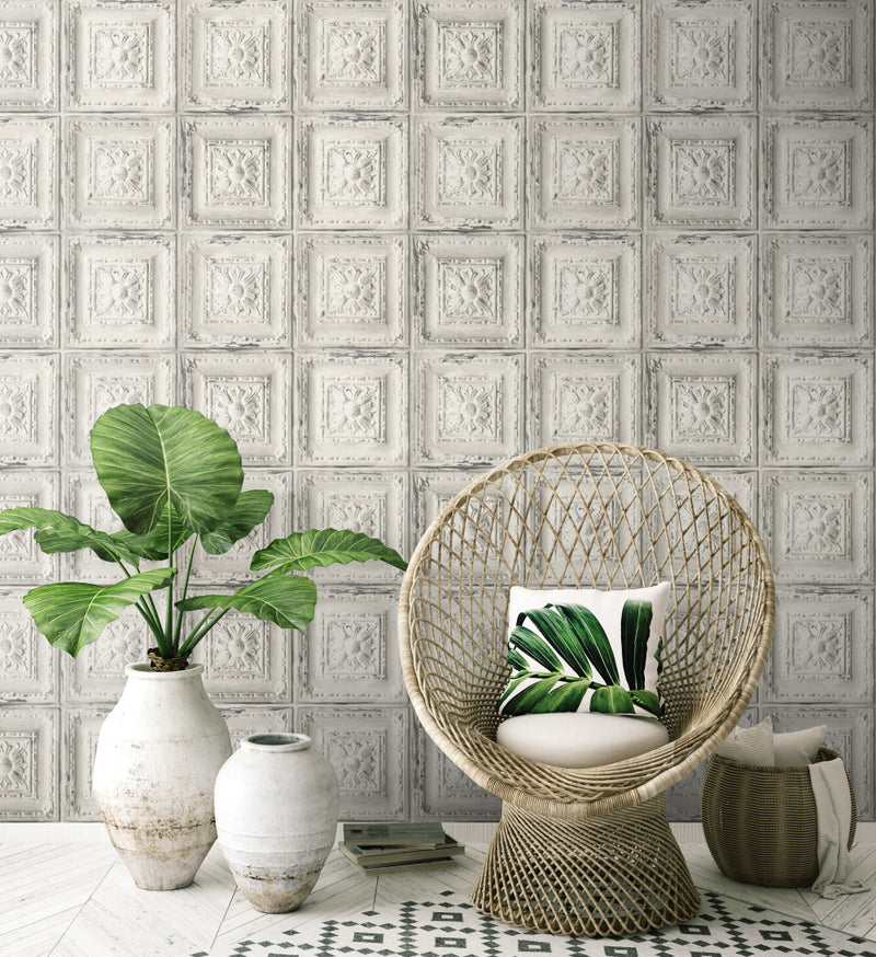 media image for Distressed Tin Tile Peel-and-Stick Wallpaper in Linen & Charcoal by NextWall 227
