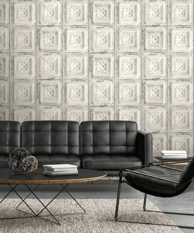 product image for Distressed Tin Tile Peel-and-Stick Wallpaper in Linen & Charcoal by NextWall 60