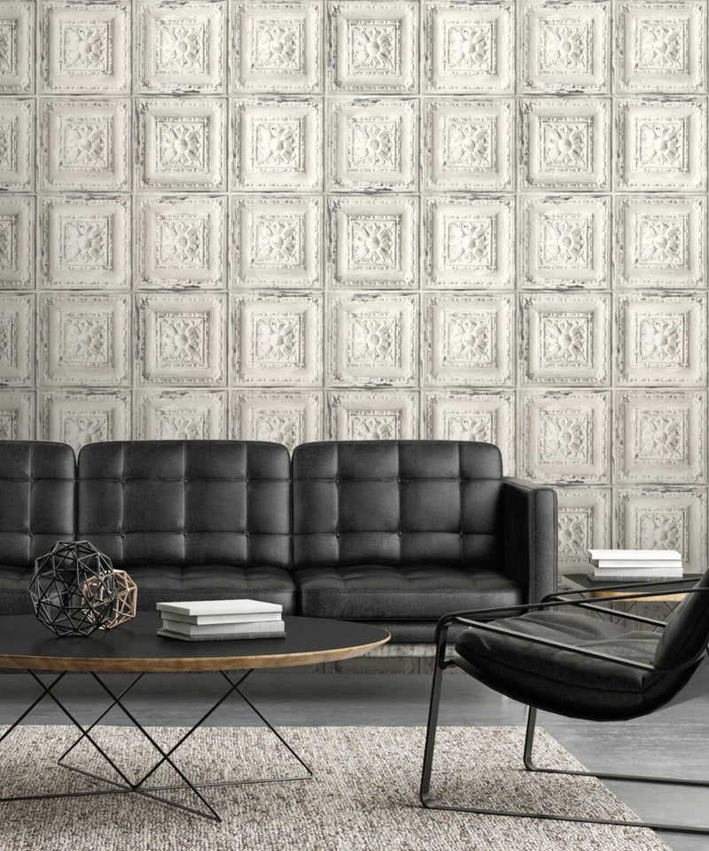 media image for Distressed Tin Tile Peel-and-Stick Wallpaper in Linen & Charcoal by NextWall 217