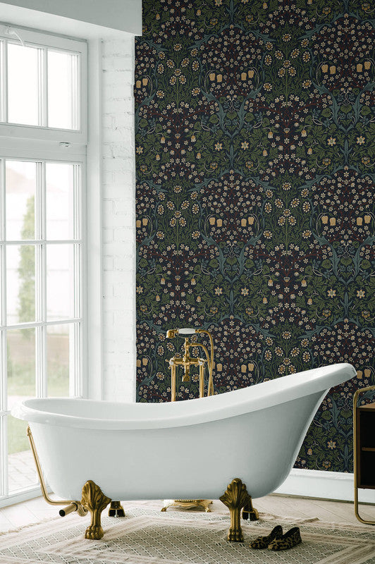 media image for Victorian Floral Wallpaper in Midnight Blue & Evergreen 239