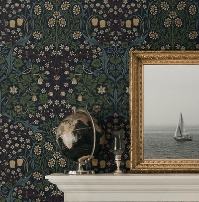 product image for Victorian Floral Wallpaper in Midnight Blue & Evergreen 36
