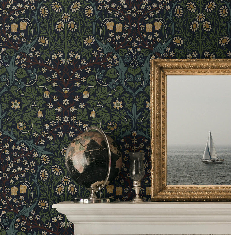 media image for Victorian Floral Wallpaper in Midnight Blue & Evergreen 262