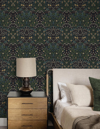 product image for Victorian Floral Wallpaper in Midnight Blue & Evergreen 62
