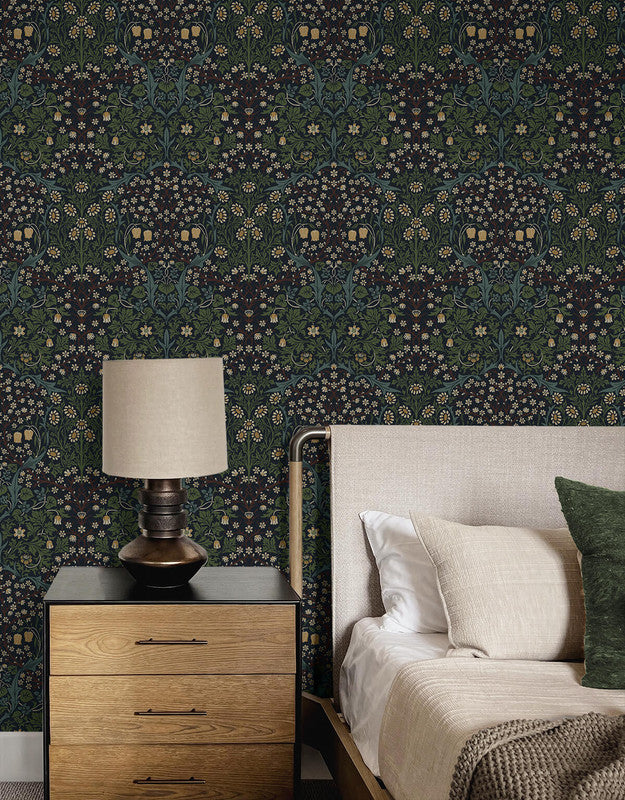 media image for Victorian Floral Wallpaper in Midnight Blue & Evergreen 294