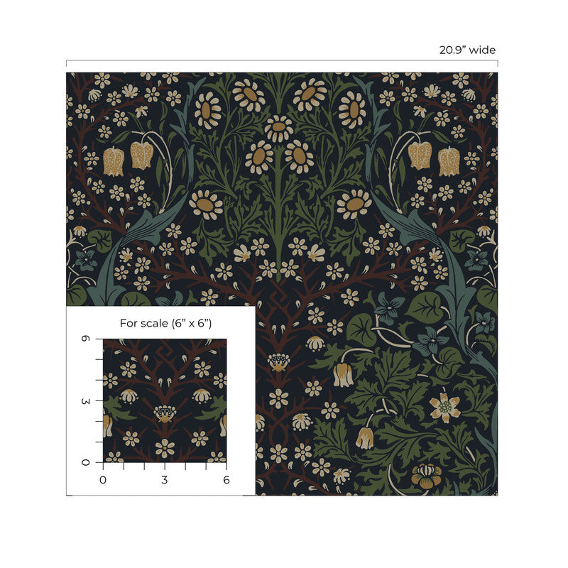 media image for Victorian Floral Wallpaper in Midnight Blue & Evergreen 288