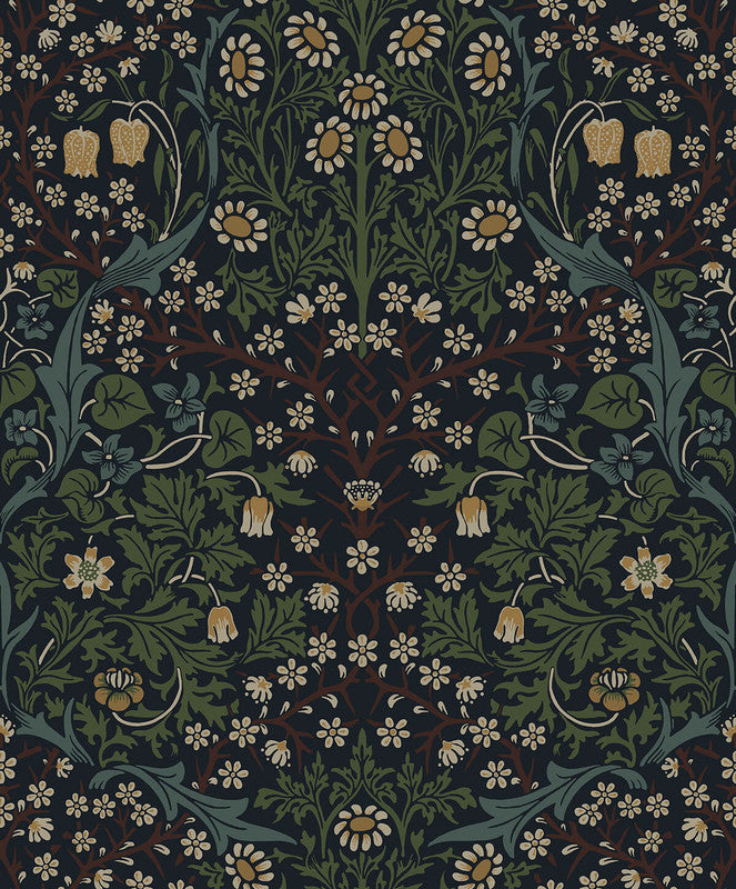media image for Victorian Floral Wallpaper in Midnight Blue & Evergreen 243