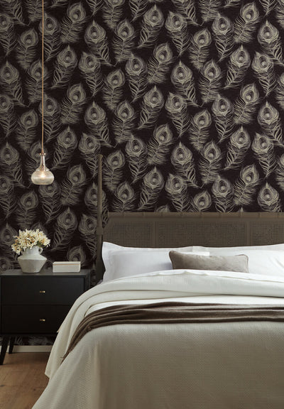product image for Regal Peacock Wallpaper in Black 2