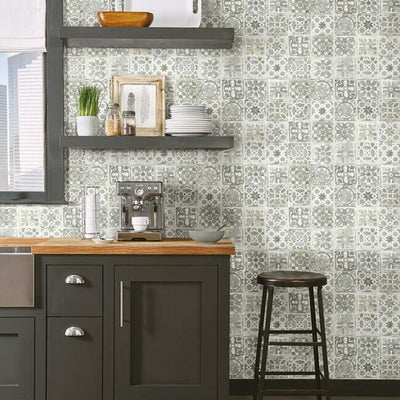 product image for Encaustic Tile Peel & Stick Wallpaper in Grey Natural from the Stonecraft Collection by York Wallcoverings 77