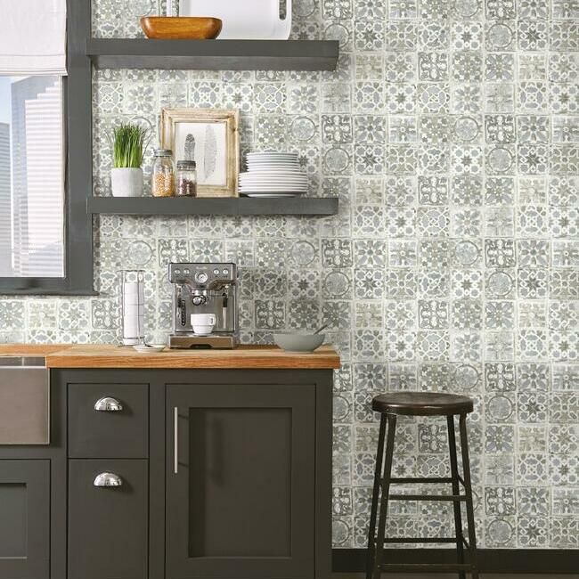 media image for Encaustic Tile Peel & Stick Wallpaper in Grey Natural from the Stonecraft Collection by York Wallcoverings 285