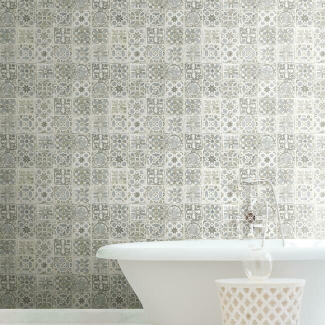 media image for Encaustic Tile Peel & Stick Wallpaper in Grey Natural from the Stonecraft Collection by York Wallcoverings 277