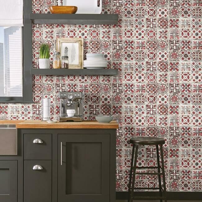 media image for Encaustic Tile Peel & Stick Wallpaper in Red from the Stonecraft Collection by York Wallcoverings 240