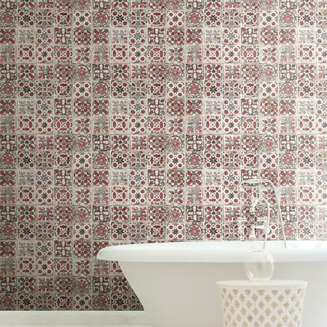 media image for Encaustic Tile Peel & Stick Wallpaper in Red from the Stonecraft Collection by York Wallcoverings 212