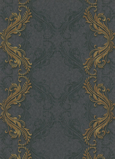 product image of Etta Ornamental Scroll Stripe Wallpaper in Black and Gold design by BD Wall 596