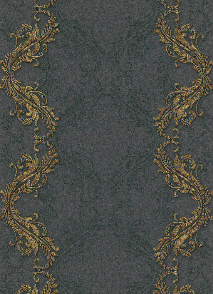 media image for Etta Ornamental Scroll Stripe Wallpaper in Black and Gold design by BD Wall 249