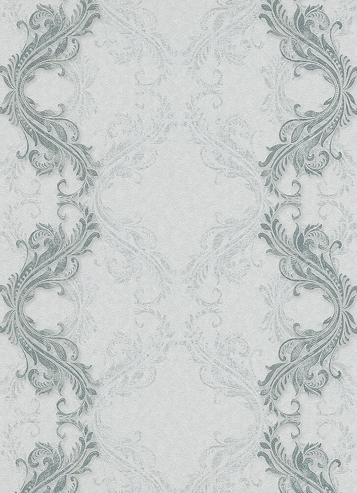media image for Etta Ornamental Scroll Stripe Wallpaper in Grey and Silver design by BD Wall 284