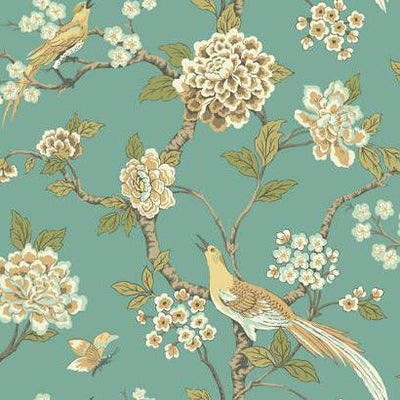 product image of Fanciful Floral Wallpaper in Aqua and Gold by Ashford House for York Wallcoverings 566