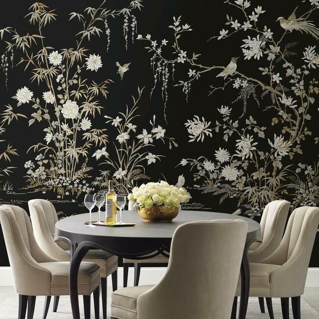 media image for Flowering Vine Chino Wall Mural in Black from the Ronald Redding 24 Karat Collection by York Wallcoverings 295