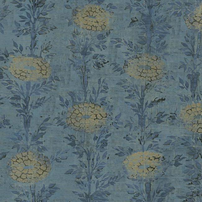 media image for French Marigold Wallpaper in Blue and Gold from the Tea Garden Collection by Ronald Redding for York Wallcoverings 263