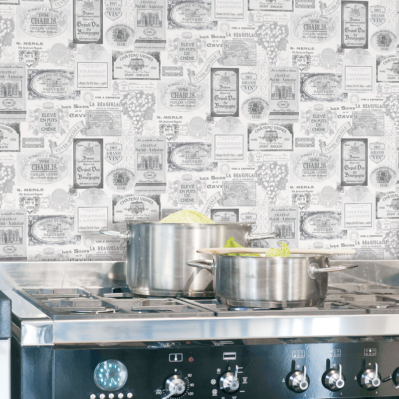 media image for Wine Labels Black/Grey Wallpaper from the Kitchen Recipes Collection by Galerie Wallcoverings 294