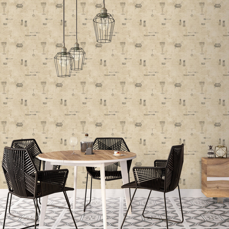 media image for Café Utensils Beige/Grey Wallpaper from the Kitchen Recipes Collection by Galerie Wallcoverings 297