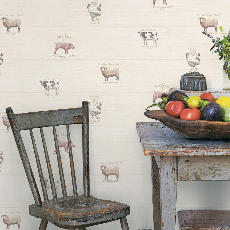 media image for Farmyard Animals Beige/White Wallpaper from the Kitchen Recipes Collection by Galerie Wallcoverings 292
