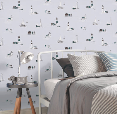 product image for Beach Huts Green Wallpaper from the Deauville 2 Collection by Galerie Wallcoverings 3