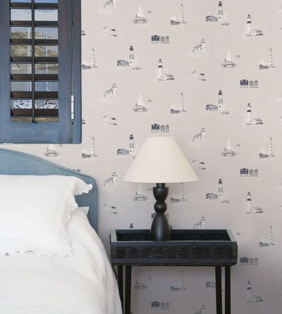 product image for Beach Huts Off-White/Sky Wallpaper from the Deauville 2 Collection by Galerie Wallcoverings 25