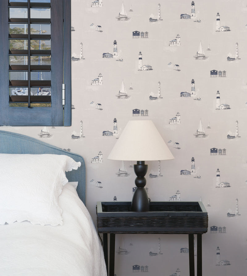 media image for Beach Huts Off-White/Sky Wallpaper from the Deauville 2 Collection by Galerie Wallcoverings 256