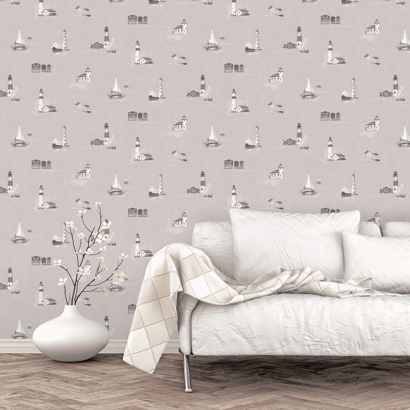 media image for Beach Huts Taupe Wallpaper from the Deauville 2 Collection by Galerie Wallcoverings 257