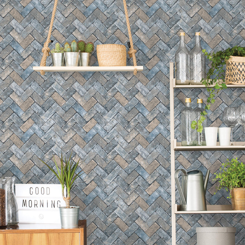 media image for Herringbone Brick Blues/Taupe Wallpaper from the Just Kitchens Collection by Galerie Wallcoverings 254