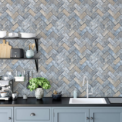 product image for Herringbone Brick Blues/Taupe Wallpaper from the Just Kitchens Collection by Galerie Wallcoverings 93