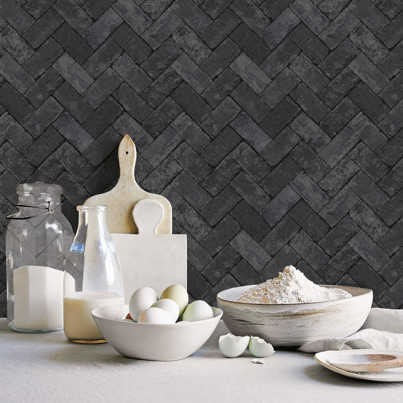 media image for Herringbone Brick Black Wallpaper from the Just Kitchens Collection by Galerie Wallcoverings 25