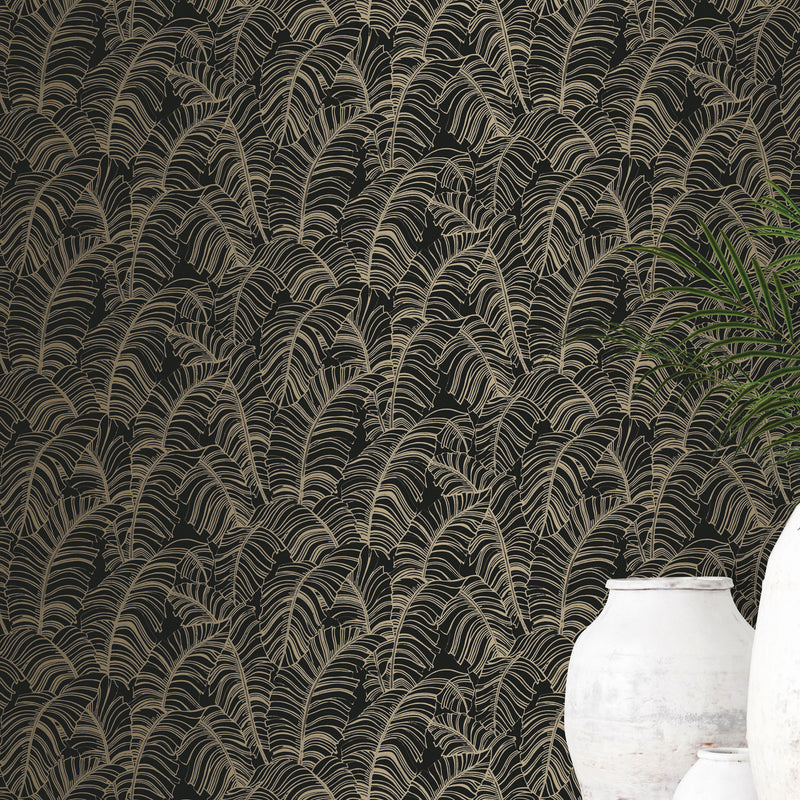 media image for Broadleaf Wallpaper in Black, Light Ochre from the Bazaar Collection by Galerie Wallcoverings 255