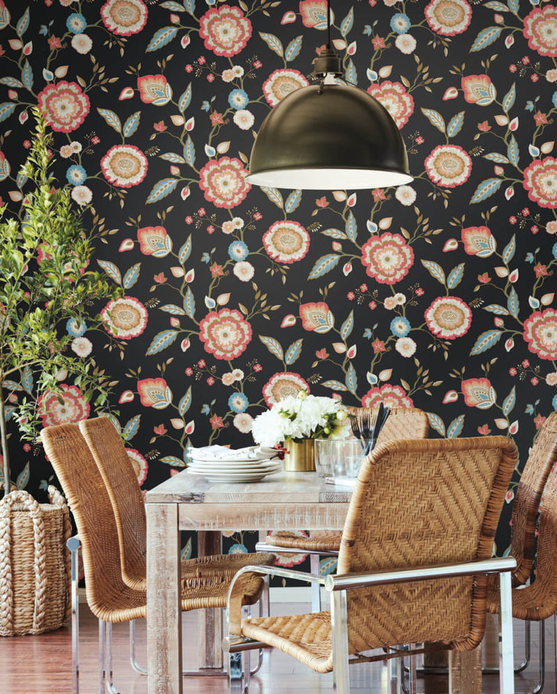 media image for Dahlia Blooms Midnight/Multi Wallpaper from the Greenhouse Collection by York Wallcoverings 219