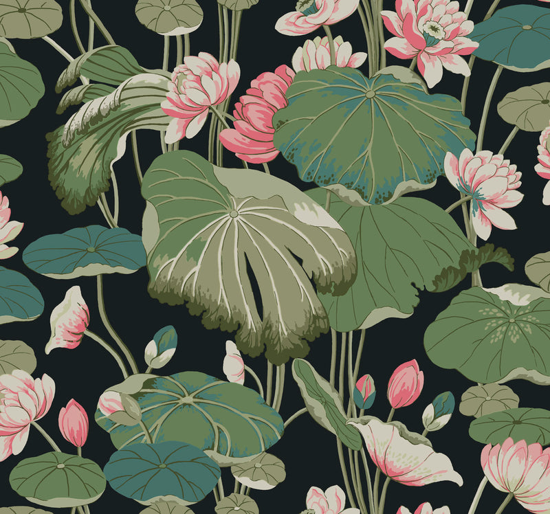 media image for Lotus Pond Midnight/Flamingo Wallpaper from the Greenhouse Collection by York Wallcoverings 296