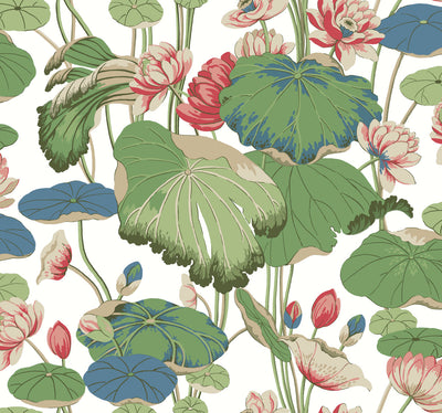 product image of Lotus Pond Cotton/Peacock Wallpaper from the Greenhouse Collection by York Wallcoverings 543