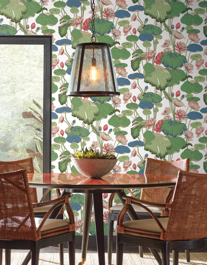 media image for Lotus Pond Cotton/Peacock Wallpaper from the Greenhouse Collection by York Wallcoverings 279