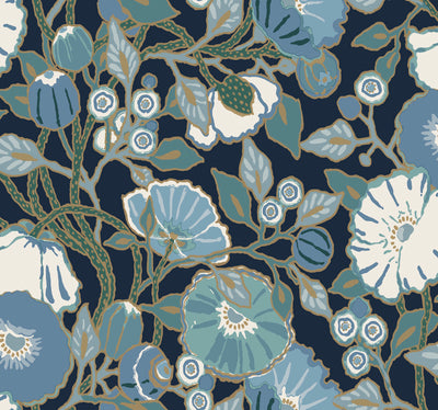 product image of Vincent Poppies Indigo Wallpaper from the Greenhouse Collection by York Wallcoverings 50