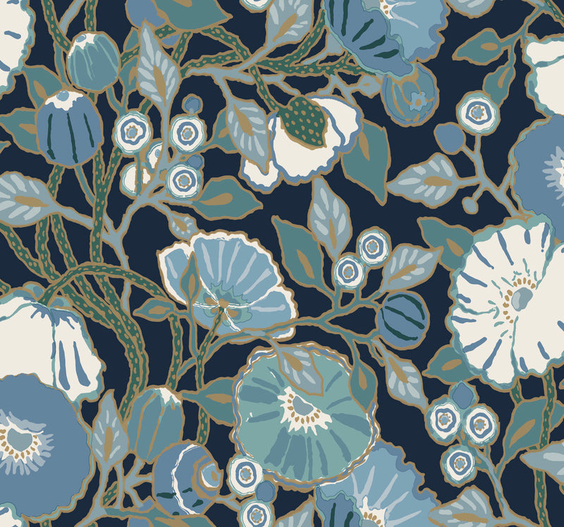 media image for Vincent Poppies Indigo Wallpaper from the Greenhouse Collection by York Wallcoverings 213