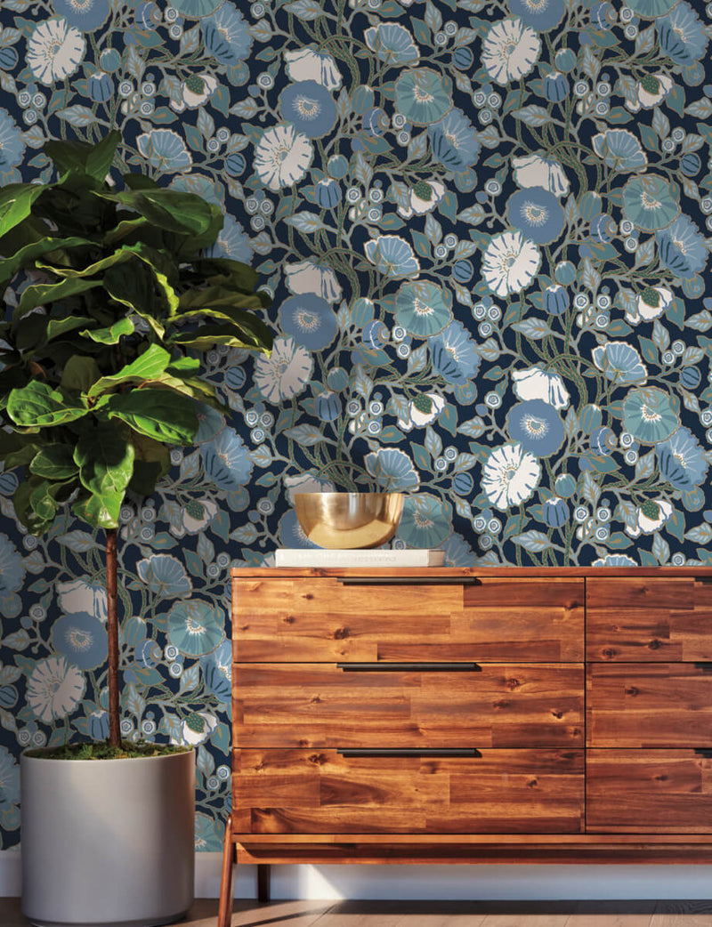 media image for Vincent Poppies Indigo Wallpaper from the Greenhouse Collection by York Wallcoverings 213
