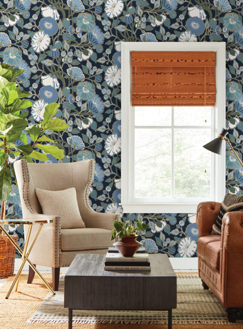 media image for Vincent Poppies Indigo Wallpaper from the Greenhouse Collection by York Wallcoverings 285